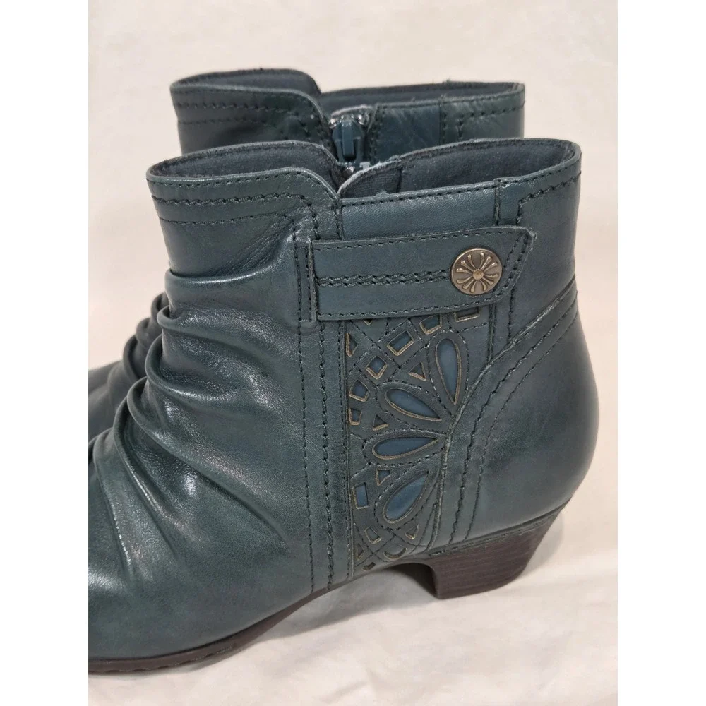 Rockport Cobb Hill Abilene Ankle Boots WMN 7M Teal Blue Ruched Leather Laser Cut